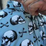 ESSENTIAL BLUE SKULL N BONES BLACK PEARL SNAP BUTTON UP