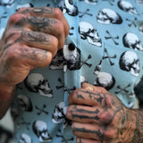 ESSENTIAL BLUE SKULL N BONES BLACK PEARL SNAP BUTTON UP